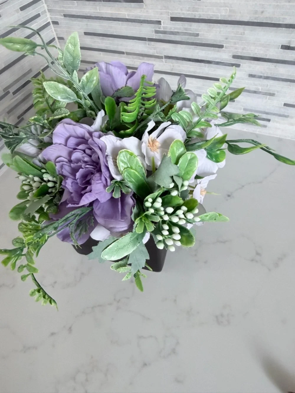 Artificial Lavender Peony Tabletop Arrangement in Black Vase